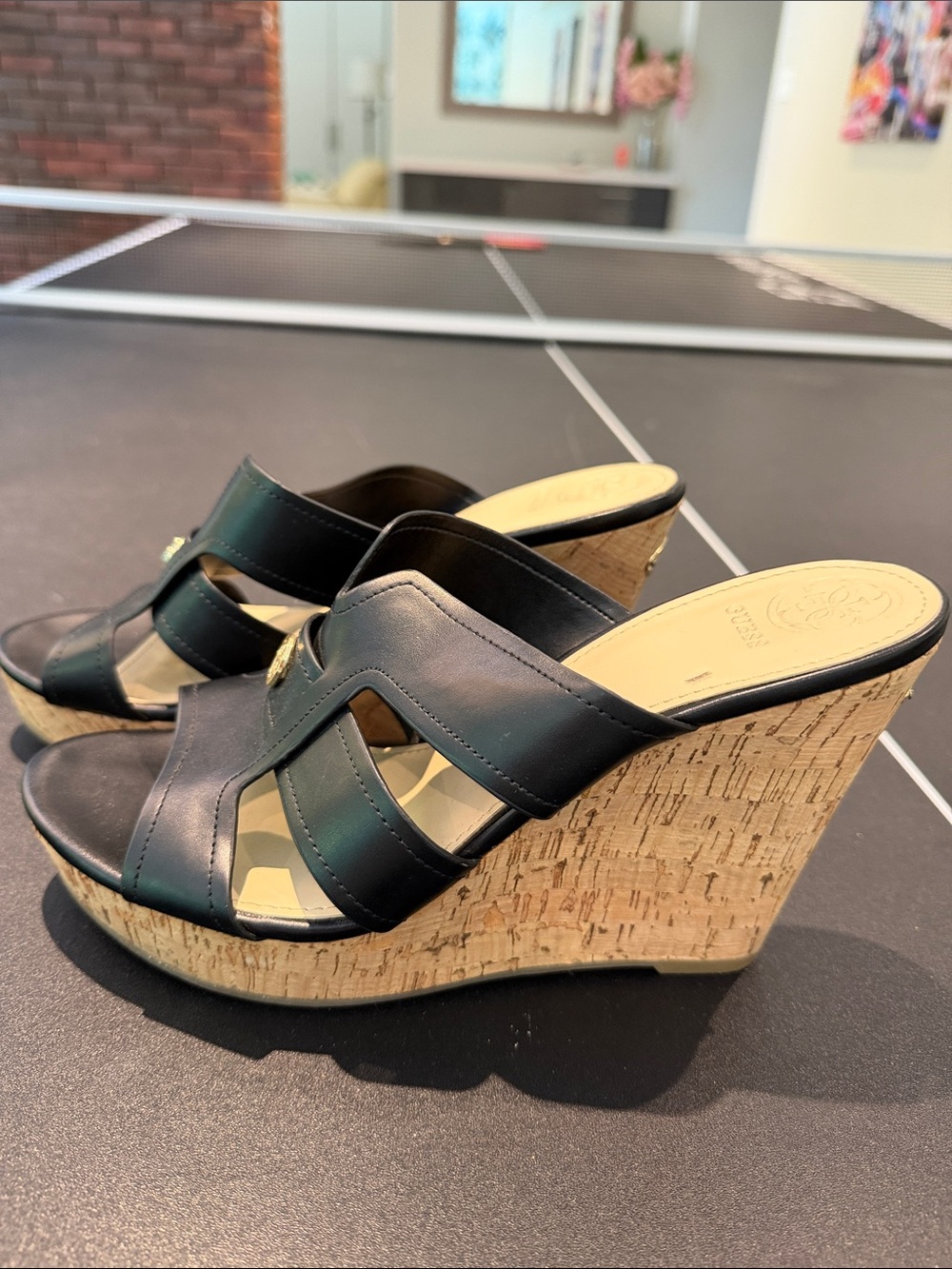 Guess Black Leather Cork Wedge Slide Sandals - Picture 1 of 5